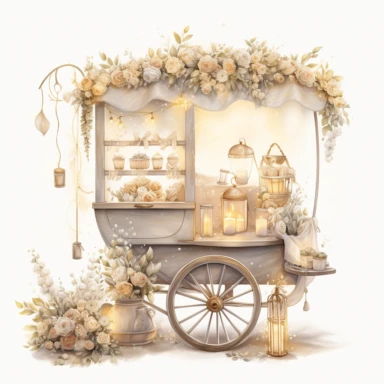 illustrations: evening scene, wedding cart, filed with wedding accessories decorated with Outdoor String Lights, in the style of mandy disher, gold and cream, light silver and bronze, claudia tremblay, soft realistic watercolours, resin, wiesław wałkuski, clipart
