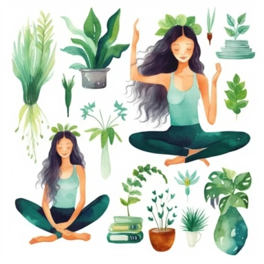 a set of high quality hand painted magical themed watercolour Yoga transparent clipart which includes illustrations of exercising women, fresh green plants, mindful lifestyle elements and others, modernistic design, fun mood, stylish, magazine style ad, ultra high quality. 8K