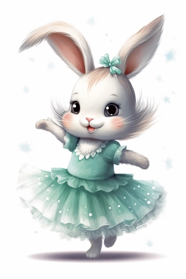 a cute bunny in a light teal dance tutu twirling, cartoon, clipart, white background with starts