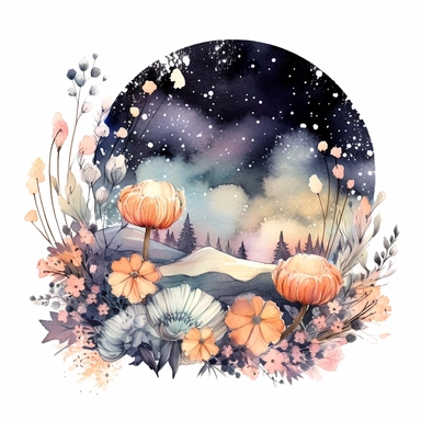 watercolor milky way over flowers illustration clipart, in the style of use of boho tones, intricate storytelling, boho color palette, rounded, ephemeral installations, elaborate borders, romanticized depictions of wilderness, clipart, blank white background