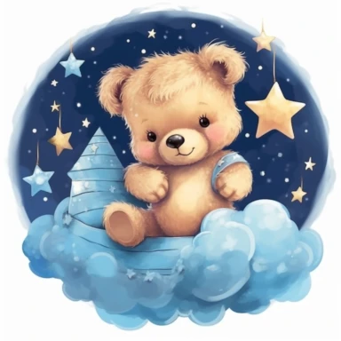ultra detailed cute baby Teddy Bear taking a nap on clouds, Clipart, moon and stars on the background, super adorable