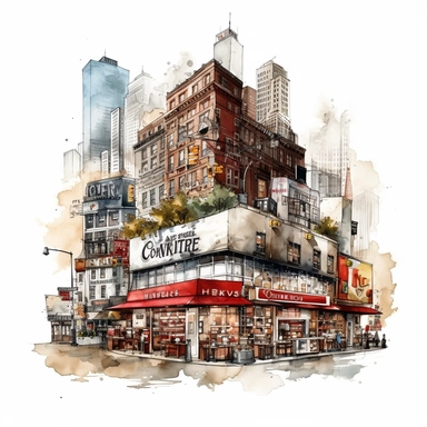 clipart de cafeteria de nueva york, acuarela, 16k, hiper minimalista, megapixel, full color, super detailed,insanely detailed and intricate, ultra detallado