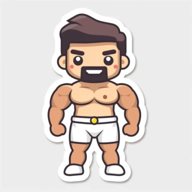 a single kawaii sticker, bodybuilder, white background, minimal, cute, tiny, lovable, pastel colors, simple, clipart
