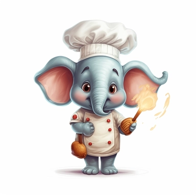 cute baby elephant with long proboscis in a Chef Costume, cartoon clipart, isolated white background, 32k