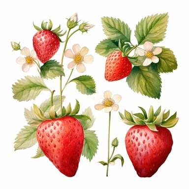 Clipart, beautiful combination with delicious strawberries, strawberries with leaves and flowers, summer, fresh, watercolor paints, isolated objects on white background, digital rich, beautiful combination, high quality, 8K-Q2-S750