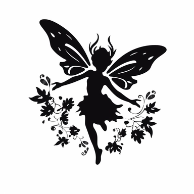 the image of a small black Pixie flying on white is shown, in the style of stencil art, heavy outlines, flickr, hard edge, sculpted, woodcut, clipart cut file cuttable cricut vector