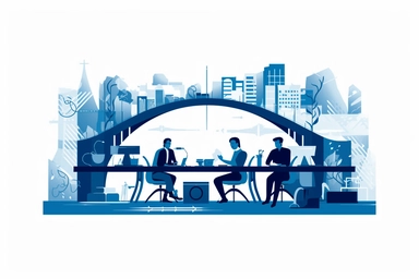 clipart, digital mood, blue color mood, on the left side working desk with 3 guys working on a project, and on the right one person sitting on a desk waiting for the results. The desks should be connected with a digital bridge