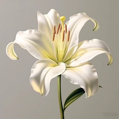 Envision a single lily clipart, drawn with breathtaking realism. This art piece captures the lily in all its glory - a full bloom with delicate, curved petals unfurling elegantly. The colors transition from the softest white at the base to a rich, vibrant shade at the petal tips. The stamen stands at the heart of the flower, its golden hue contrasting brilliantly against the petal's colors. Set against a pure white background, the intricate detail and vivid colors of this lily make it a standout