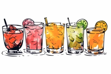 ink drawing six cocktails clipart, ink style, ink drawing, free-hand light color strokes under ink lines, vector style, prominent ink strokes, flat style, prominent line style, white background, spaced out, do not intersect images, spacing between elements, single thickness lines, no shadows, few details, only lines, only black lines, no volume, hand drawn ink drawing, elegant shapes