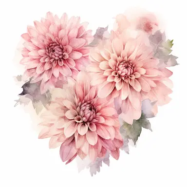 a heart shape made with soft pink and pastel pink Dahlia flowers, wet on dry watercolour style, antique look, clipart, white background