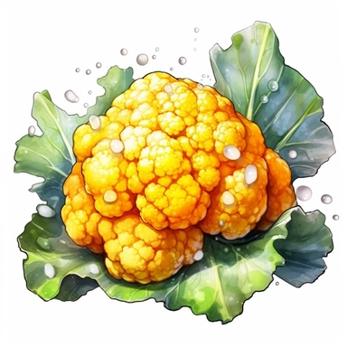 high quality watercolor clipart of a delicious cauliflower with some waterdrops, white background, seperated, vector design, hd