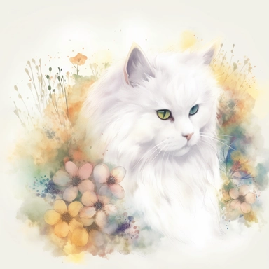 a white fluffy cat with wildflowers, Clipart pastel, style is watercolor, soft face, Adorable, Charming , Endearing , fluffy, Furry, Gentle, innocent Playful, Precious, soft, Sweet, Tender, Whimsical, 4k