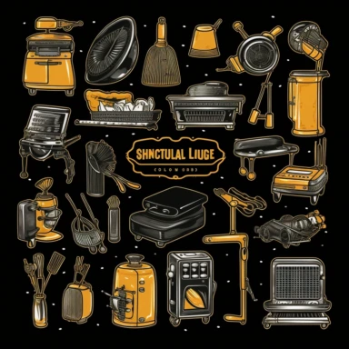 Household Equipment - Industrial Style, clipart bundle, vector logo, vector art, vintage color style, black background, simple, cartoon, 2d