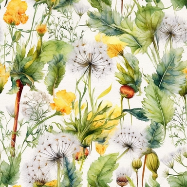 seamless pattern watercolor art of grass with dandelions and bugs, in the style of realistic and hyper-detailed renderings, sketchfab, ahmed morsi, realistic watercolor paintings, use of common materials, handcrafted designs clipart