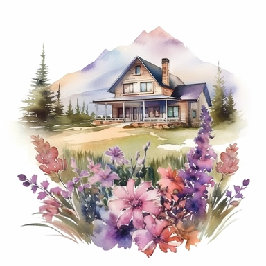 watercolor cottage house wildflowers clipart, far away mountains, subdued colors