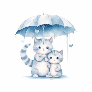 fathers day, cute cat and his baby holding umberella, cute, attractive,beautiful, minimal, watercolor clipart