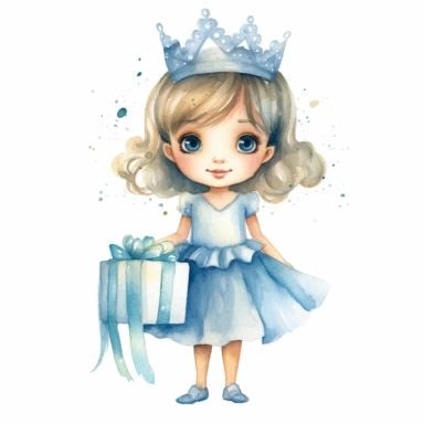 watercolor little princess clipart, blue tone colors, big eyes, smiling, lovely, adorable, wearing crown, holding a gift, full body, on white background