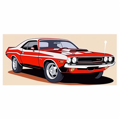 in clipart style, A meticulously crafted illustration of a 1970 red dodge challenger , highlighting its iconic design and graceful contours, placed against pure white background (style: evoking the accuracy and refinement of classic automobile blueprints) (lighting: deliberate, directional lighting, casting gentle highlights and shadows on the car's structure) (colors: an elegant palette for the car's body set against a pristine, white backdrop) (composition: captured from a side view or three-q