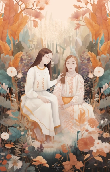colorful clipart image of illustrations including girls in dresses seated, in the style of soft, muted color palette, ethereal foliage, dark white and pink, folkloric themes, high quality photo, mural painting, moyoco anno
