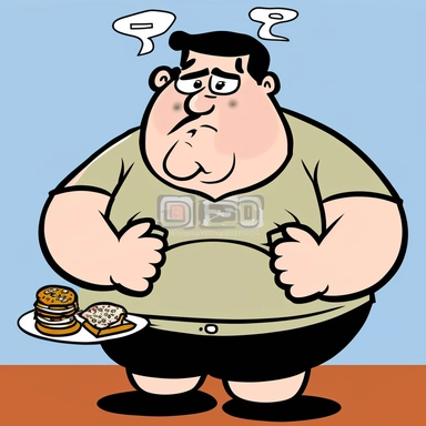 clipart of a fat man with black hair with question mark in mind