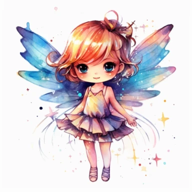Captivating little Cute Chibi fairy with multi-colored wings, surrounded by sparkling lights, captivating observers with an enchanting smile, deep, captivating eyes, and sparkling wings, against a white background filled with deep, high-contrast colors, creating a mesmerizing and joyful scene. on white background, clipart, watercolor