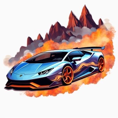 image create Clipart of Lamborghini Huracan with huge wing speeding around a mountain, smoking tire, color pencil style, cartoon style, fire decals, racing