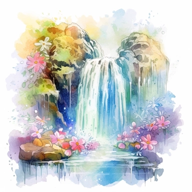 holographic waterfall scene with a spring theme, featuring the waterfall flowing with natural lighting. watercolor clipart. The colors should be ethereal and artsy, and the composition should be the best view possible. Please ensure that the watercolor art style does not cause confusion with the actual water in the scene, as the water is holographic.