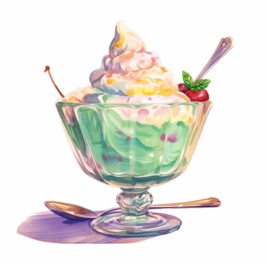 a drawing of a dessert featuring candy and whipped cream, icecream sundae, green mint, glass bowl, in the style of pastel toned, shiny/glossy, fantasy realism, caffenol developing, warmcore, #screenshotsaturday, rubens, white background, isolated, free brushstrokes, watercolor illustration, clipart,