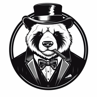 2D Black logo on a white background. Black and white Panda Man Hybrid. Mafia. Cigar Clipart. NO SHADING. KEEP THE LOGO SIMPLIFIED
