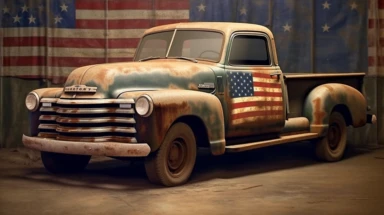 Imagine a high-resolution, hyper-realistic image of a vintage Chevy truck with an American flag. The truck is rendered in 3D, its classic lines and details meticulously captured. The American flag is draped over the back of the truck, its stars and stripes vibrant against the vintage patina of the truck. The background is a clean, white space, allowing the 3D clipart of the truck and flag to stand out. The lighting is soft, casting gentle shadows and highlighting the textures of the truck and fl