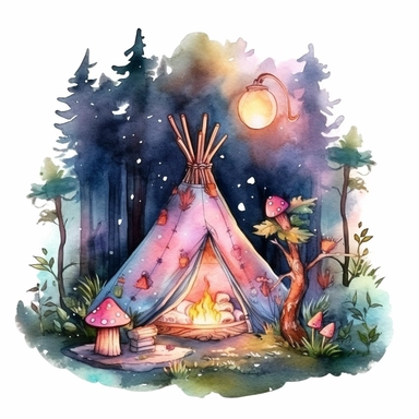 fairy camping in the woods by night with fairy lights and fire clipart watercolor