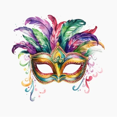 mardi gras mask clipart with watercolor illustration,full body shot,8k,etsy style, white background