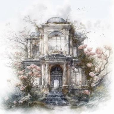 isolated on white illustration watercolor art of a part of a white library, overgrown with white and light pink roses and flowers, covered with snow and ice, a lot of moss and branches, lace and embroidery, trees, masterpiece by Tomasz Alen Kopera style and by Carl Holsoe style and by James C. Christensen style and by Alexander Jansson style, Baroque Architecture, PNG clipart, isolated on white, white background, extreme photorealistic details, 32k HD resolution, realistic high detailization hig