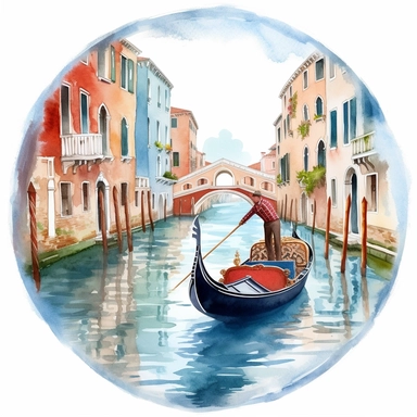 Gondola Ride Watercolor: A charming watercolor clipart of a traditional gondola floating on the serene waters of the canals in Venice, capturing the romantic essence of the city. (Watercolor, no background)