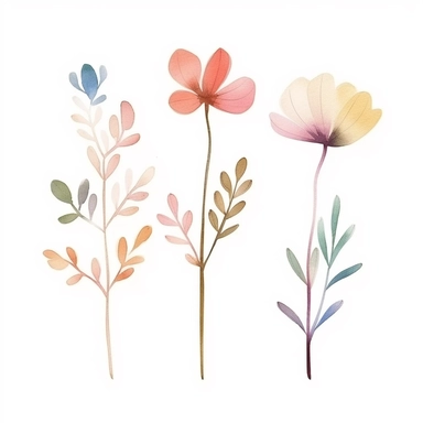 Create a series of minimalist watercolor wildflower clipart with clean lines and pastel color palettes, wet on dry technique, pull in colour technique, blooming technique, low saturation, ideal for achieving a modern and contemporary clip art look