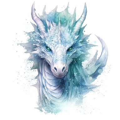 stuningly beautifull dangerous expressive looking shimmering cyan and white ice dragon WITH snow and ice on its body, texured body HIGH DETAILED EYES with a fixing stare and a curved extended realy long neck looking in the camera with dust around its body , shimmering dust , magical glow, clipart, fantasy clipart watercolor fairytale dragon art watercolor art in front of a hills highly detailed uplight 8k in front of white background , WHITE BACKGROUND