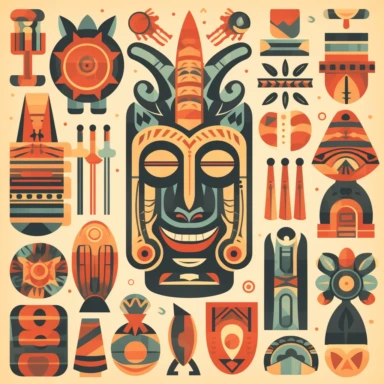 Create a series of captivating Tiki pattern clipart illustrations featuring dynamic and stylized designs. Draw inspiration from the iconic Tiki culture and its representation in mid-century modern aesthetics. Use bold lines and geometric shapes to create visually striking patterns that can be used for a variety of applications. Incorporate a warm and earthy color palette, including shades of brown, gold, and fiery reds, to convey the spirit of tropical paradise. These versatile clipart images ar