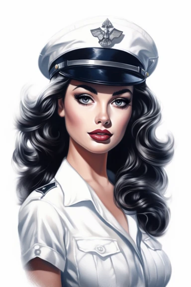 beautiful pretty pin up woman, makeup and hair vintage 50's style, dressed as pilot, paint art style, detail, clipart, white background, superrealistic, one of a kind