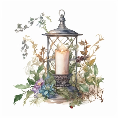 water color, one, 1, old Victorian candle holder covered in vines and flowers, late night, in a cottagecore style, white background, clipart style
