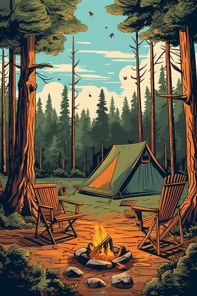 camping scene with campfire, chairs, and tent in the woods during the summer months. vector clip art illustration, detailed, rustic