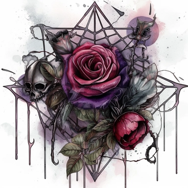 Idyllic watercolor and ink clipart of dark gothic dark moody dark moody burgundy, black and purple rose flowers with poison thorns on an ornate gothic black dagger covered in gothic spider webs with a black velvet bow underneath, isolated on a white background, dark moody colors, highly detailed, ultra-realistic