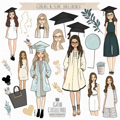 Graduation Clipart, Graduating Girls Planner Stickers, School Clipart, College Senior Clipart Fashion Illustrations, Students Graduation, white background