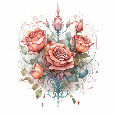clipart, front view, ornate, whimsical nursery illustration of a magical mystical roses in soft watercolor, isolated on a solid white background