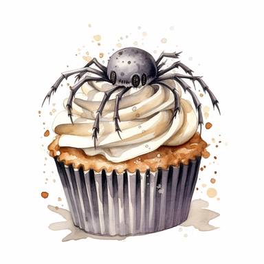 delicious halloween cupcake with cute spider , watercolour illustration clipart, extremely detailed, 4k, high quality, colour scheme black and silver cream, , isolated on white background