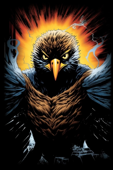 A dynamic, comic book-style clipart illustration of a swift superhero falcon, adorned with fiery red feathers and eye-catching golden streaks, its bright yellow eyes conveying a sense of agility and intensity, the bird wearing a heroic cape and mask, embodying the spirit of a fearless guardian, its wings spread wide, showcasing its impressive wingspan and intricate feather details, captured mid-flight against a dramatic sky, the dynamic pose and vivid colors bringing a sense of excitement and en