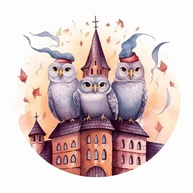wizarding school, birds, vector art, simple, cartoon,2d,pastel watercolor, clipart