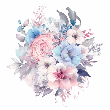 minimalistic and filigree watercolor clipart of a beautiful Dreamy soft pink and light blue flower arrangement for wedding cards, white background, seperated