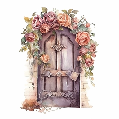 watercolor style, vintage romantic floral door, clipart, isolated on white background, 4K,