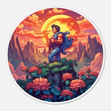 super man, close up, a sticker, artwork of t shirt graphic of majestic forest, in digital painting style , beautiful flowers, sunset mountains and clouds , big vines, stone temple covered in vines, white background, colorful fantasy flower surround, highly detailed clean, vector image, photorealistic masterpiece, professional photography, realistic, flat white background, isometric, vibrant vector, clipart, illustration, realism, 4k, , cinematic, front view, white background, paradise, extremely