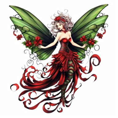 christmas fairy, very large wings made of holly leaves, clipart, red and green, black white stripes, holly, , isolated on white background, in the style of Amy Brown, beautiful christmas floral, bright color, crisp lines, chaos 8